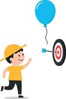 A joyful boy running towards a dartboard with a blue balloon in a playful flat illustration vector