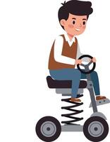 A cheerful boy riding a spring-loaded scooter in a flat, minimal style illustration vector