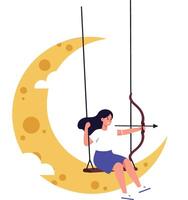 Girl on a swing shooting an arrow from a bow while sitting on a crescent moon in flat art vector