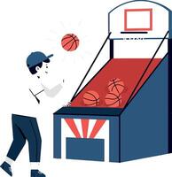 Boy playing basketball at an arcade machine in a flat illustration vector