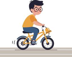 A cheerful boy riding a yellow bicycle in a flat, minimal style illustration vector