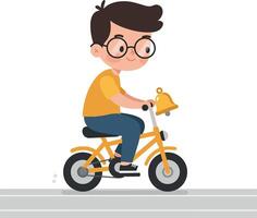 A cheerful boy riding a yellow bicycle in a minimal flat art style vector