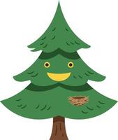Cheerful green tree with a smiling face and a birds nest, flat art vector