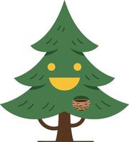 Cheerful green tree with a smile and a nest in its branches, flat art vector