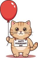 A cheerful cat holding a red balloon with a friendship day sign in a minimal and colorful illustration vector