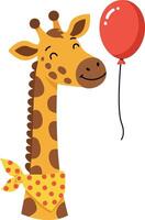 Cheerful giraffe holding a red balloon with a playful expression in flat art vector