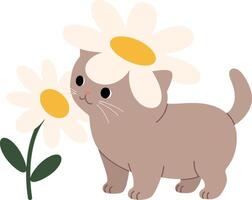 Cute brown kitten with a daisy flower on its head in flat art vector