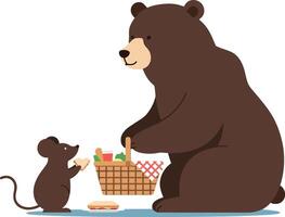A friendly bear sharing a picnic basket with a small mouse in flat art vector