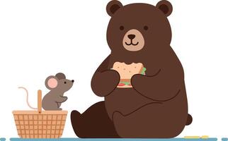 A playful brown bear enjoying a sandwich while a curious mouse observes in a whimsical flat illustration vector