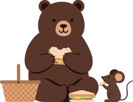 A large brown bear enjoying a sandwich with a small mouse in a playful flat illustration vector