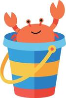 A cheerful crab sitting in a colorful bucket featuring flat design elements in vibrant hues showcasing a playful ocean scene art vector