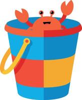 A cheerful crab peeking out of a colorful striped bucket in flat art vector