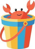 Happy cartoon crab peeking out from a colorful striped bucket in minimal art vector