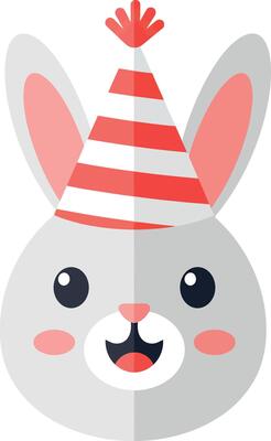 Cute cartoon rabbit wearing a red and white striped party hat in a flat illustration