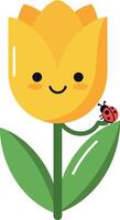 Cheerful yellow tulip with smiling face and ladybug in flat art vector