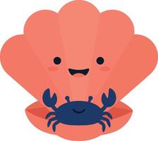 Happy crab peeking out from a smiling pink shell in a flat illustration vector