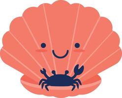 Happy crab peeking from a colorful scallop shell in flat art vector