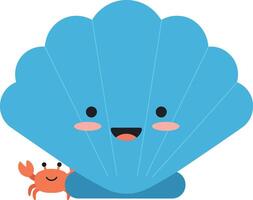Happy blue shell with a smiling crab in a playful flat illustration vector