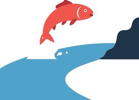 Red fish leaping above water in a serene river setting, flat art vector