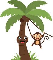 Cheerful monkey swinging from a palm tree in bright, playful flat art vector