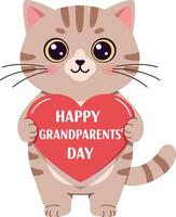 Cute cartoon cat holding a red heart with a cheerful message in flat art vector