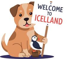 A friendly dog holding a welcome sign alongside a puffin in a colorful flat illustration vector