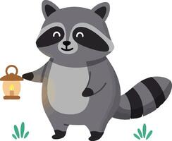 A cheerful raccoon holding a lantern in a grassy setting, minimal illustration vector