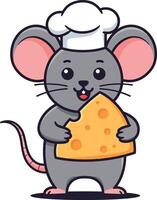 Cute cartoon mouse chef holding a slice of cheese in a flat illustration vector