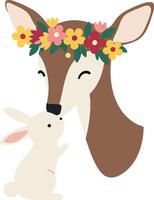 A charming deer with a floral crown interacting with a cute white rabbit in flat art vector