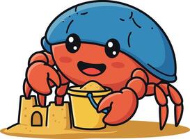 Happy crab building a sandcastle with a yellow bucket in a playful flat art vector