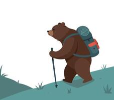 A bear hiking up a gentle slope with a backpack in a flat art style vector