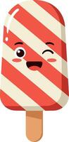 Cute smiling ice cream popsicle with red and white stripes, flat design art vector