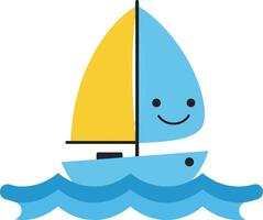 Cheerful sailboat with a smiling face in a flat, colorful style art vector