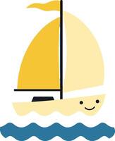 Cute sailboat with a yellow sail floating on blue waves in minimal art vector