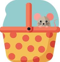 Cute mouse peeking out from a yellow basket with red polka dots in flat art vector