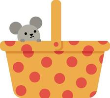A cute mouse peeking out of a polka-dotted yellow basket in flat art vector