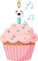 Cute pink cupcake with a smiling face, colorful sprinkles, and a lit candle in a flat illustration vector