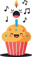 Happy cartoon cupcake with lit candle and musical notes in flat art vector