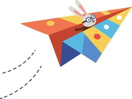 Colorful paper airplane with a cute rabbit character in a flat illustration vector