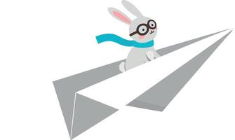 Happy rabbit wearing glasses flying on a paper airplane in a minimal flat illustration vector