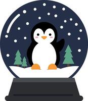 Cute penguin inside a snow globe with snowflakes and pine trees in flat art vector