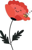Cheerful red flower with smiling face and buzzing bee in flat art vector