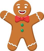Cheerful gingerbread man character with red bowtie in flat art style vector