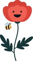 Happy red flower with smiling face and buzzing bee in flat art vector