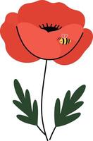 Red poppy flower with green leaves and a buzzing bee in flat art vector