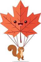 A cheerful squirrel flying with a large orange leaf parachute in a flat art style vector
