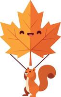 A cheerful squirrel holding a large smiling maple leaf in a playful flat illustration vector