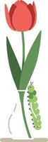 A vibrant red tulip in a clear vase with a curious green caterpillar exploring its stem, flat illustration vector