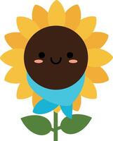 Cheerful sunflower character with a smiling face and blue scarf in a minimal illustration vector
