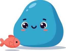 Cute blue blob character with smiling face and a small red fish in a playful, minimal illustration vector